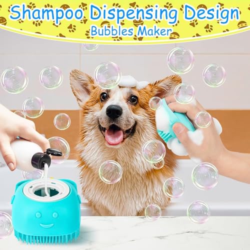 1pc blue pet massage brush and bath brush with soap dispenser design, soft silicone material that won't damage pet hair. Pet grooming tools suitable for various pets such as dogs and cats