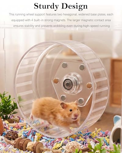 Strong Magnet Running Wheel Support for Hamster Cage,No Drill Installation | Hexagonal Acrylic Sheet, Adjustable Stand, Universal Fit for Small Animals Cage