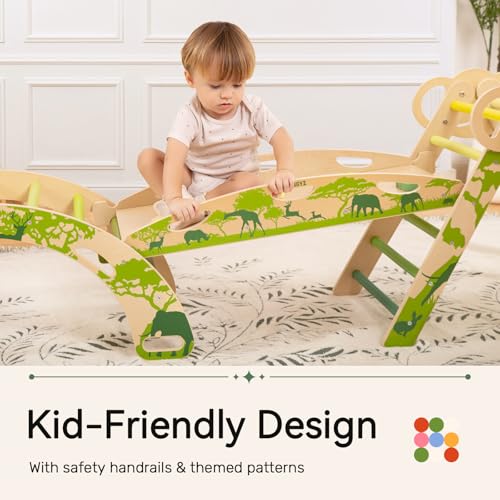 Pikler Triangle Set, Montessori 8-in-1 Climbing Set with Cushion | Wood Jungle Gym for 18M-5Y, Foldable, Reversible Animal Slide, Patent-Protected, 2.35in Gap, ASTM F963, Green - color: Green