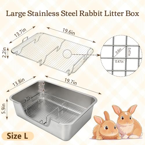 Rypet Large Stainless Steel Rabbit Litter Box Set for Small Animals | High Sides & Low Entry, 304 Stainless Steel Sifting Tray, Bowl and Bottle Included, Non-Slip, Easy to Clean, Odor Control - size: L(19.7"×13.8"×5.9")
