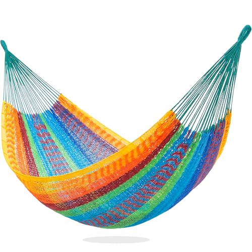 Handwoven Rope Mayan Hammock for Outside, 600 lbs Capacity | 2 Person, Portable Carrying Bag, Easy-Used Tree Straps, Carabiners, Soft Fabric, for Patio (Tropical, X-Large) - color: Tropical, size: X-Large