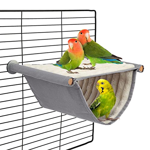 BWOGUE Bird Nest Bed Hanging Hammock, Parakeet Bed for Cage, Cockatiel Bed | Warm Fleece Snuggle Hut, Double-Layer Comfort, Wooden Perch Setup, Washable Hammock - color: Grey, size: Medium (9"x7.2")