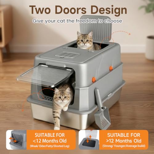 Enclosed Stainless Steel Litter Box, XL Covered MetalPan Includes Mat Scoop | Easy Cleaning Anti-Urine Leakage Non-Sticky Front Entry Top Exit - color: Grey