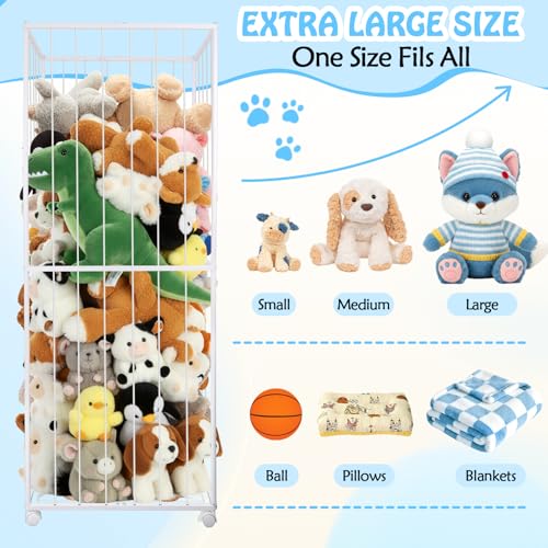 Stuffed Animal Storage, Metal Tube Extra Large Toy Storage Organizer with Brake Wheels, Stuffed Animal Holder Zoo Organizer for Nursery Playroom Kids Room White(61” x 23.6”x 16.5”) - color: White