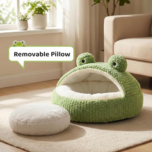 CWV Cute Cat Beds Kitten Beds, Soft Small Dog Beds, Washable Pet Beds for Puppy and Kitty, Funny Frog Cat Cave, 23 Inches - color: White＆Green