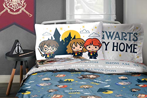 Jay Franco Harry Potter is My Home 5 Piece Full Bed Set - Bedding Features Harry, Ron, Hermoine, Hagrid, and Dumbledore | Hogwarts, Bed in a Bag, Comforter Sheets Pillowcases, Official Product, Soft Microfiber, Machine Washable, Kids Gift - color: Blue, s