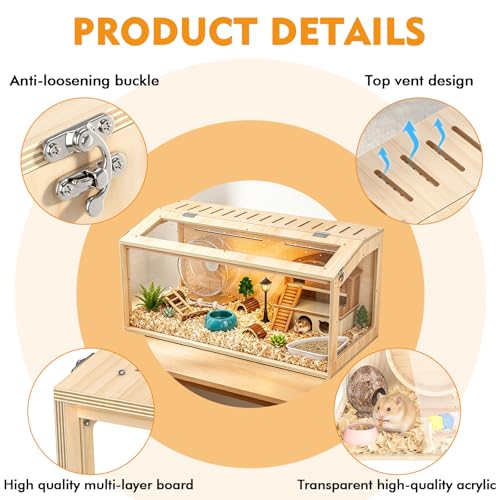 XiaZ Hamster Cage,32Inch Large Hamster Cage with Panoramic View and Ventilated Top, Spacious Acrylic Glass Habitat for Syrian Dwarf Hamsters and Degus, Natural Wood Frame Enclosure - size: 32.0"L x 16.0"W x 16.0"H