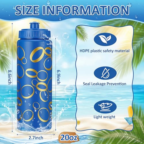 12 Pack Blue with Gold Ring Themed Party Favors 20 oz Reusable Plastic Water Bottles with Pull-top Lids, Cartoon Theme Water Bottles for Birthday Baby Shower Game Party decorations - style: Gold Rings