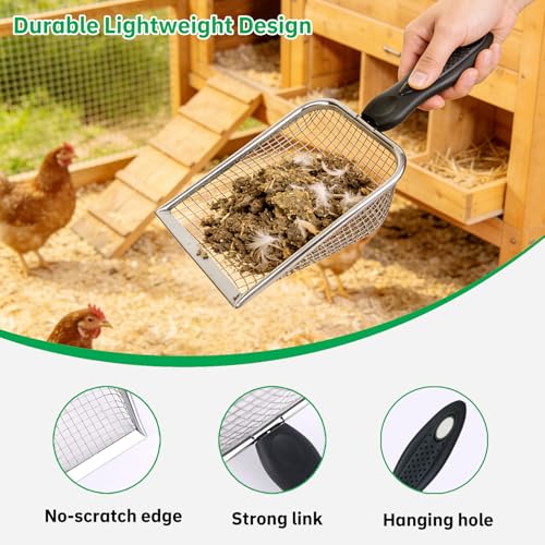 2 Pack Chicken Poop Scooper for Coop, Mesh Sifting Shovel 3.8mm 5mm Holes | 4" Metal Chicken Coop Rake and Scoop Cleaning Tool, Scooper Shovel for Sifting Sand, Litter, Chicken Supplies - size: 4" 2 Set
