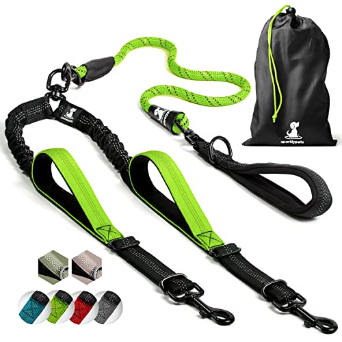 Double Dog Leash for 2 Dogs – Rope Bungee Dual Leash for Medium and Large Breeds with Padded Handles & Tangle Free (Green, Medium/Large) - color: Green