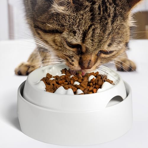 CatGuru Whisker-Friendly Slow Feeder Cat Bowl for Healthy Digestion | Perfect for kittens, adult, and senior cats. Encourages calm, healthy eating habits at every age. - color: Marshmallow, size: Slow Feeder - Set of Two