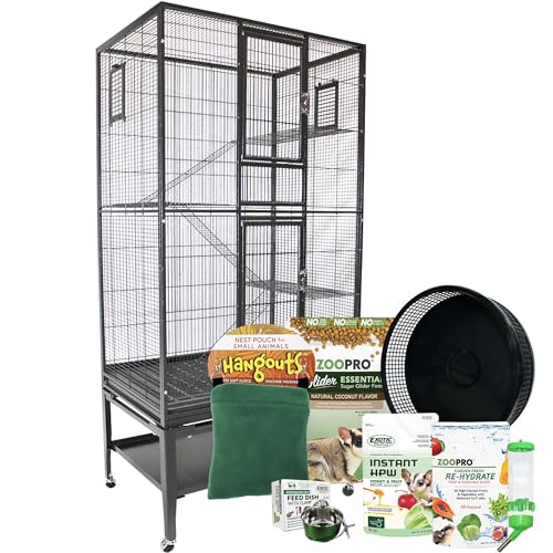Congo Cage & Starter Package for Sugar Gliders - Includes Durable Cage, Exercise Wheel, Healthy Food Assortment, Water Bottle, Food Dishes & Nest Pouch