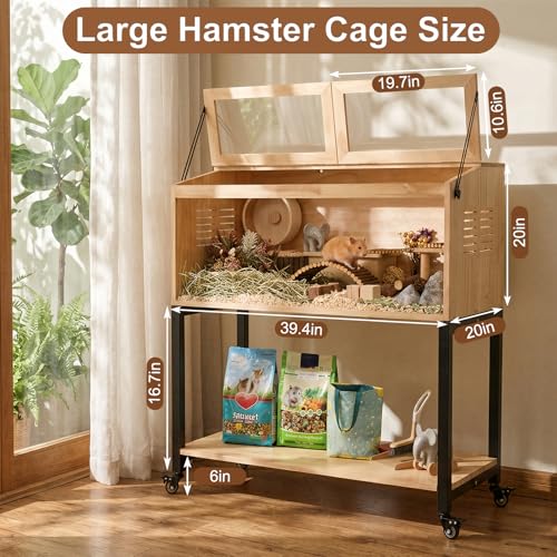 Wooden Hamster Cage with Storage Shelf, Large Hamster Cage, Pine, Guinea Pig Cages, 40.0" L x 20.0" W x 42.0" H Small Animal Cages with Stand & Wheels for Guinea Pig, Chinchilla, Rat, Bunny, etc. - size: 40.0"L x 20.0"W x 42.0"H