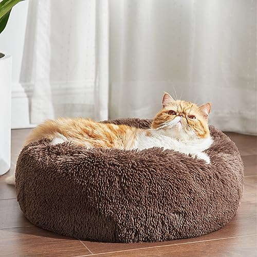 Bedsure Calming Cat Beds for Indoor Cats - Small Cat Bed Washable 20 inches, Anti-Slip Round Fluffy Plush Faux Fur Pet Bed, Fits up to 15 lbs Pets, Coffee | Fluffy Faux Fur Cuddler,Machine Washable,Anti-Slip Bottom,Anti-Anxiety,Deep Sleeping for Cats&Smal