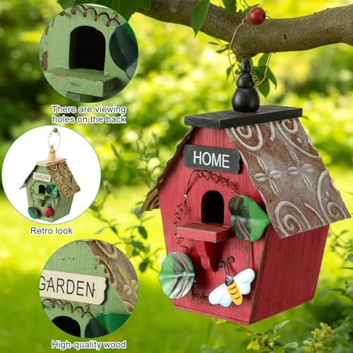 DoubleFill 2 Pcs Birdhouses for Outdoor Hanging Yard Outside Wooden Birdhouse Hand Painted Bird Box for Bird Lovers Bluebird Tree Garden Decor Decorative Birdhouse(Red,Green,Iron Roof) - color: Red,Green, size: Iron Roof