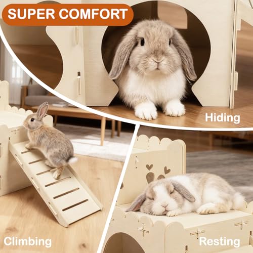 Large Rabbit Castle, Wooden Bunny House,Detachable Rabbit Hideaway, Indoor Hamster Castle with Ramp, Small Animal Houses & Habitats for Guinea Pig Chinchilla Ferret(2 House) - size: Large - 2-House