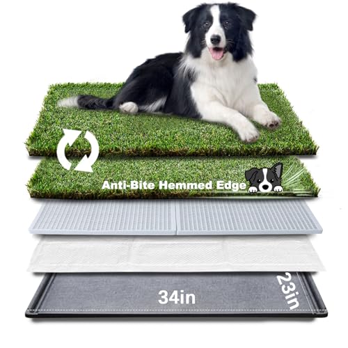 HQ4US 4LEGS Dog Grass Pad with Tray, Dog Litter Box with Artificial Grass | Large Grass Pee Pads for Indoor Dogs Potty Tray with Grate, Turf Grass Hemmed Edge, Realistic, Less Stink Toilet for Balcony - size: L 34”×23” for Dog＜ 28" Length