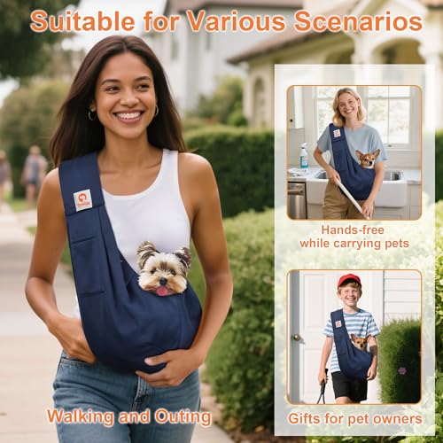 Tomkas Small Dog Cat Sling Carrier Puppy Purse Travel Wrap Soft Crossbody Pet Bag (Dark Blue, M - Classic Pocket & Classic Strap) - color: Dark blue