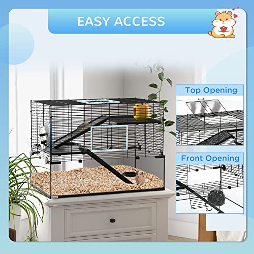 PawHut Large Hamster Cage Deep Tempered Glass Bottom 30"x19"x21.5" Black | 3 Tiers Hamster Tank, Running Wheel, Hut, Water Bottle, Dish, Rat Cage for Syrian, Dwarf, Gerbils, Mouse - size: 30.1"L x 19.0"W x 21.5"H