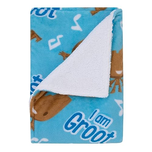 NoJo Marvel I Am Groot Blue and Brown Super Soft Sherpa Baby Blanket - color: I Am Groot Blue and Brown