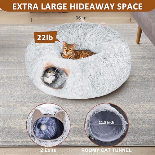 Cat Tunnel with Cat Bed for Indoor Cats, Under Christmas Tree Soft Plush Peekaboo Cat Cave Donut Tunnel, Multifunctional Playground Toys Hideplace for Kittens, Rabbit, Ferret (Grey) - color: GREY