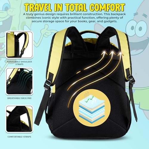 AI ACCESSORY INNOVATIONS SpongeBob Square Pants Backpack for Boys & Girls, 16” Big Face Nylon Twill Bookbag w/Molded Hamburger Patty Dangle, Yellow - style: Spongebob Square Pants