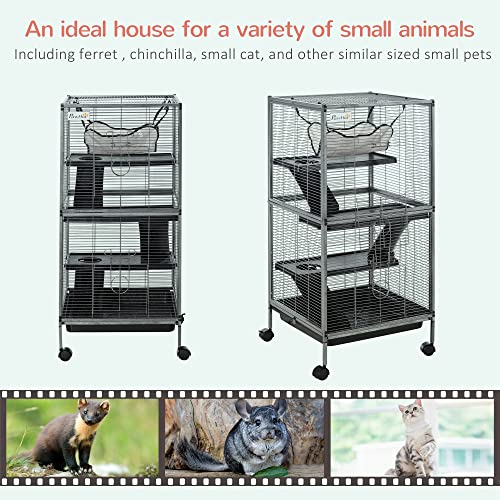 PawHut Metal Small Animal Cage, 4-Tiers Rolling Big Ferret Cage, Gray | with Hammock, Removable Tray, for Chinchilla, Sugar Glider - color: Grey, size: 20.5"L x 20.5"W x 44.8"H