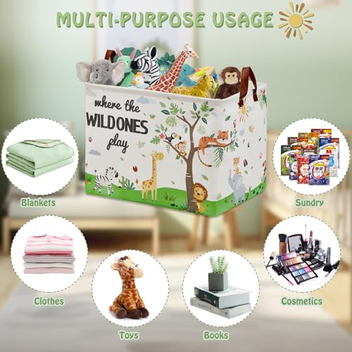 Jungle Safari Nursery Decor Basket -Elephant Giraffe Baby Boy Laundry Basket, Tropicals Laundry Hamper, Kids Toy Box Bin for Bedroom Bathroom Livingroom - color: Green 3