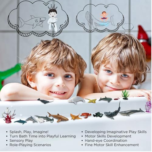 15pcs Mini Sea Animals Toys for Kids Toddlers Ocean Animal Toy Figurine Realistic Sealife with Shark Whale & Dolphin Bath Toys Sensory Bin Play Birthday & Party Favors