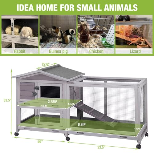 Outdoor Rabbit Hutch Indoor Bunny on Wheels Large Guinea Pig Cage with Run for Any Small Animals,Removable Pull Out Tray - color: Grey, size: 81.6"L x 16.4"W x 33.5"H
