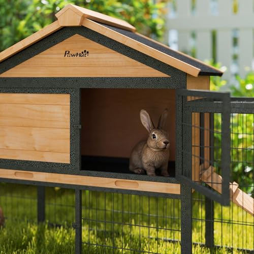 PawHut Rabbit Hutch Outdoor 85" Large with Steel Run for 2-3 Small Animals | Wooden Bunny Cage, Removable Tray, Waterproof Roof, Ramp, Metal Guinea Pig Cage, Rabbits, Chickens, Ducks, Backyard Garden