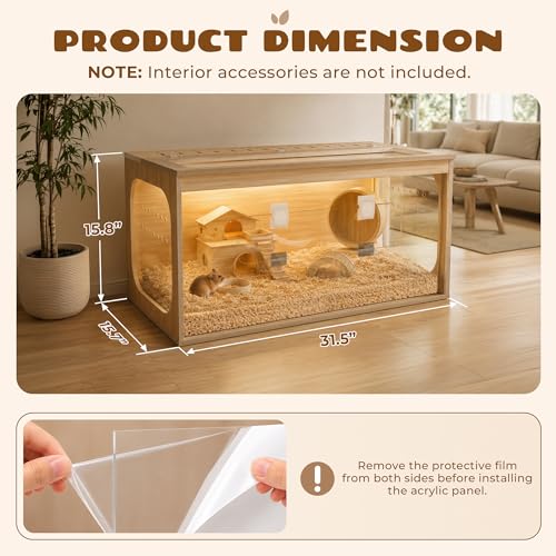 32" Large Wooden Hamster Cage with Lockable Front Access Door & Openable Top, Thick Acrylic Panels, Ventilated Hamster Habitat for Syrian Hamsters, Dwarf Hamsters, Gerbils, Guinea Pigs