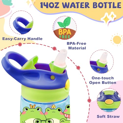 Kids Plastic Water Bottle - Frog Water Bottle for Kids, 14oz Plastic Water Bottles with Straw Lid, Leakproof BPA-Free Cute Frog Water Bottles for Home Sports Travel, Pop-Up Straw Cover, Blue - color: Frog