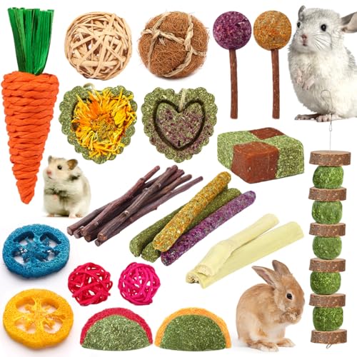 YIXUND Rabbit & Guinea Pig Toys - Natural Timothy Hay & Apple Wood Sticks for Teeth Care - Handmade for Hamster, Bunny, Chinchilla (27 Pcs) - color: 27 Pcs