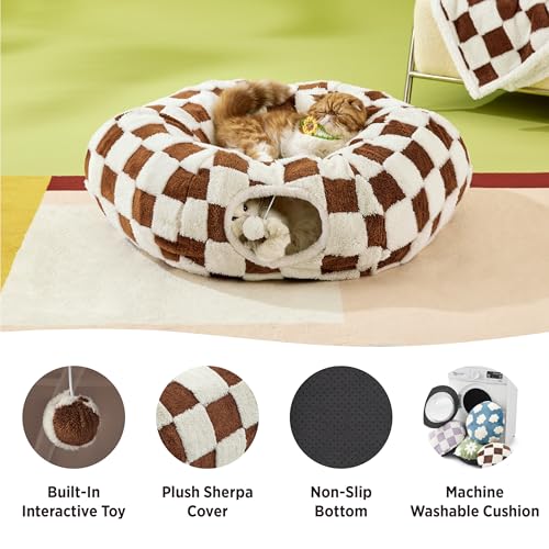 Lesure Donut Cute Jacquard Large Cat Tunnel Bed Kitten Toys for Dog Bunny | 39.5x39.5x10in,Round Large Cat Bed Tube for Multi Kittens,Pet Peekaboo Cave Toy,Spiral Hideaway,Washable Cushion,Brown Checks - color: Brown Checks, size: large (39.5"L x 39.5"W x