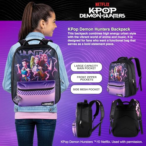 AI ACCESSORY INNOVATIONS K-Pop Demon Hunters Huntrix 16” Backpack for Girls, Featuring Rumi, Zoey, Mira, Rubber Molded Bag Charm, Huntrix - style: Huntrix