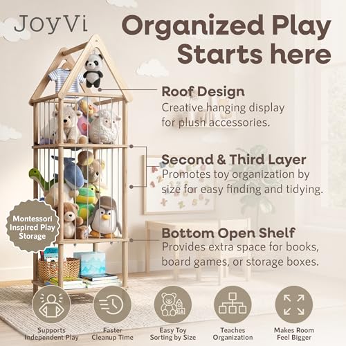 Kid Stuffed Animal Storage Corner, 3 Heights Adjustable (36", 45.5", 55.5") Wooden Zoo Stuffed Animal Organizer with Bottom Shelf, Durable Elastic Plushies Storage Cord - Teddy Bear Holder
