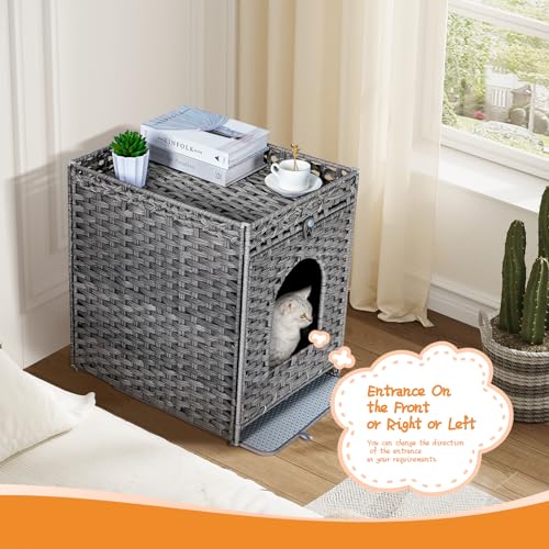 Snughome Cat Litter Box Enclosure Furniture Hidden with Cat Litter Mat, Hidden Cat Washroom Furniture with Door, Handwoven Rattan Cat Washroom Box, Indoor Pet House for Living Room, Bedroom(Grey) - color: Grey