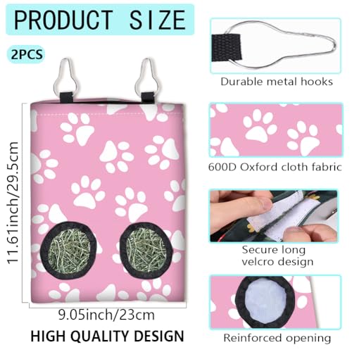 2Pcs 2 Styles Hay Feeder Bag for Rabbits Guinea Pigs Chinchillas 11.6 x 9 Inch Bunny Hay Feeder with 2 Holes Pink Black Paw Print Cloth Washable Hanging Pet Feeding Storage Cage Accessories - color: Paw Print