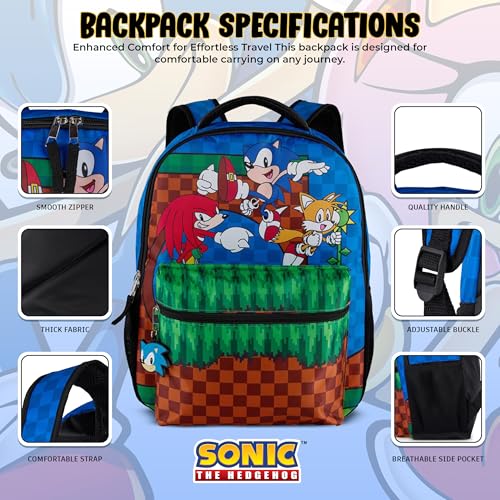 AI ACCESSORY INNOVATIONS Sonic The Hedgehog Backpack, Boys & Girls Featuring Sonic, Tails, and Knuckles,16” Bookbag w/Molded Sonic Dangle, Blue - color: Sonic the Hedgehog