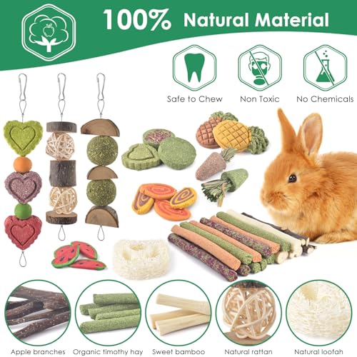 KATUMO Rabbit Chew Toys, Bunny Treats Chew Toys for Small Animals | Strung Hanging Toys for Teeth, Natural Apple Wood Sweet Bamboo Grass Timothy Sticks for Guinea Pig, Hamster, Chinchilla