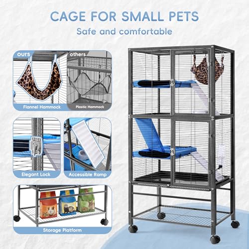 HABUTWAY 55''H Large Metal Rolling Ferrets Cage, Cage for Rats/Chinchillas, 0.5'' Bar Spacing for Ferret,Small Animal Cage w/Removable Ramp & Platform