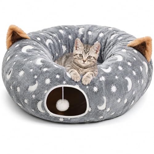 Cat Tunnel Bed Under Christmas Tree with Plush Ball Toy Playground Crinkle Collapsible Self-Luminous Flannel Fabric 3FT for Large Cats Kittens Kitty Small Animals Puppy Grey Moon Star - size: 3FT