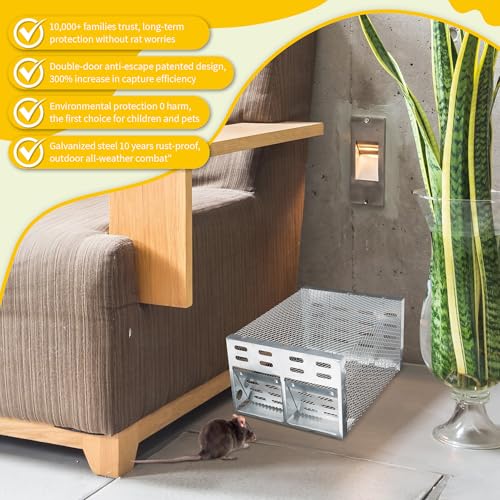 Humane Rodent Trap for Indoor & Outdoor Use - Automatic Multi-Catch Metal Cage with Dual One-Way Doors, Reusable Safe Trap for Mice, Chipmunks & Small Animals
