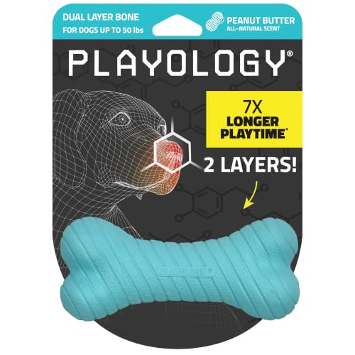 Playology Dual Layer Bone Dog Chew Toy - Medium, Peanut Butter Scent | Rubber Construction, All Natural Scent, Heavy Duty Design - size: Medium, style: Peanut Butter