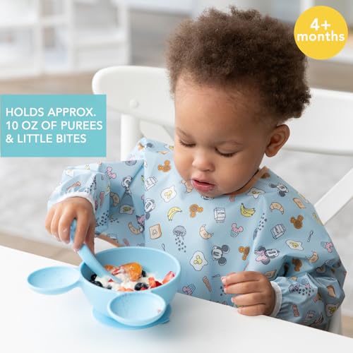 Bumkins Disney Baby Bowl, Silicone Feeding Set with Suction for Baby and Toddler, Includes Spoon and Lid, Essentials for Baby Led Weaning,for Babies 4 Months, Mickey Mouse Light Blue - color: C4 Mickey Mouse LBlu, style: Disney