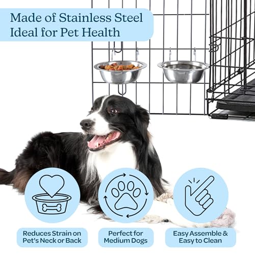 Set of 2 Stainless-Steel Dog Bowls - Cage, Kennel, and Crate Hanging Pet Bowls for Food and Water - 20oz Each and Dishwasher Safe by PETMAKER,Silver