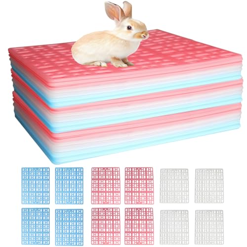 12 Pack Rabbit Cage Plastic Mat | Small Animal Feet Pads with Snap Joint, Durable Cats Dogs Floor Mat for Pet Chinchilla Guinea Pig Bunny, 3 Assorted Colors