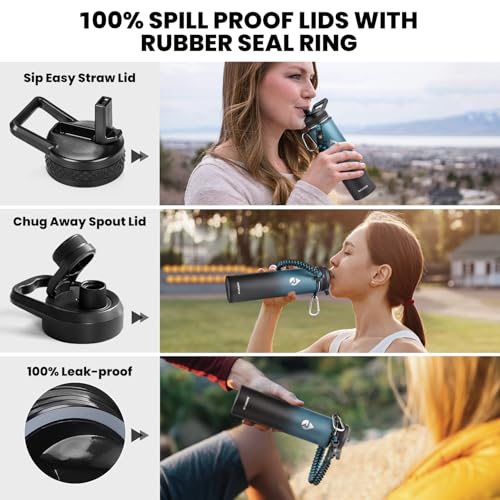 RAYMYLO Insulated Water Bottle 24 oz, Triple Wall Vacuum Stainless Steel | (Cold for 24Hrs, Hot for 12Hrs), Leak Proof & Non-BPA, Modern Water Flask Jug with Paracord Handle & Straw Spout Lids