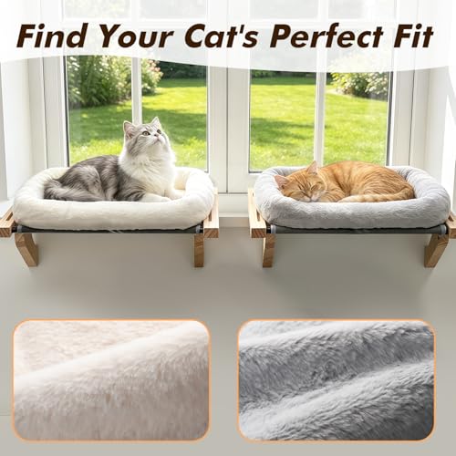 AMOSIJOY Cat Sill Window Perch Sturdy Hammock Window Seat with Cushion Bed Cover, Wood & Metal Frame for Large Cats, Easy to Adjust Cat Bed for Windowsill, Bedside, Drawer and Cabinet(Cushion Bed) - color: White, size: 21.7''L x 15''W